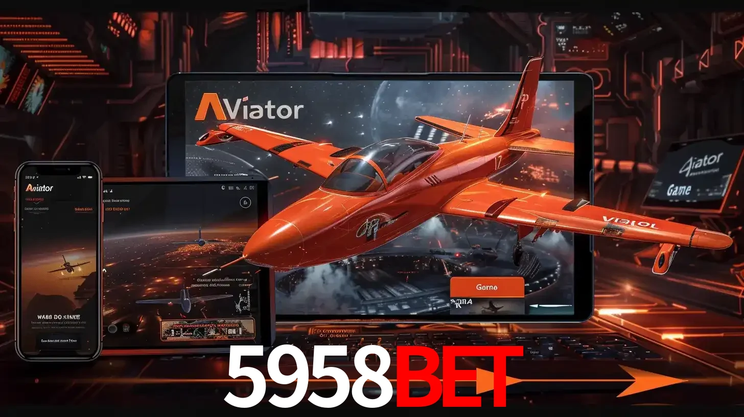 Apresentação tecnológica do jogo Aviator com um avião saindo da tela de um tablet, demonstrando a experiência imersiva em múltiplos dispositivos no 5958bet.