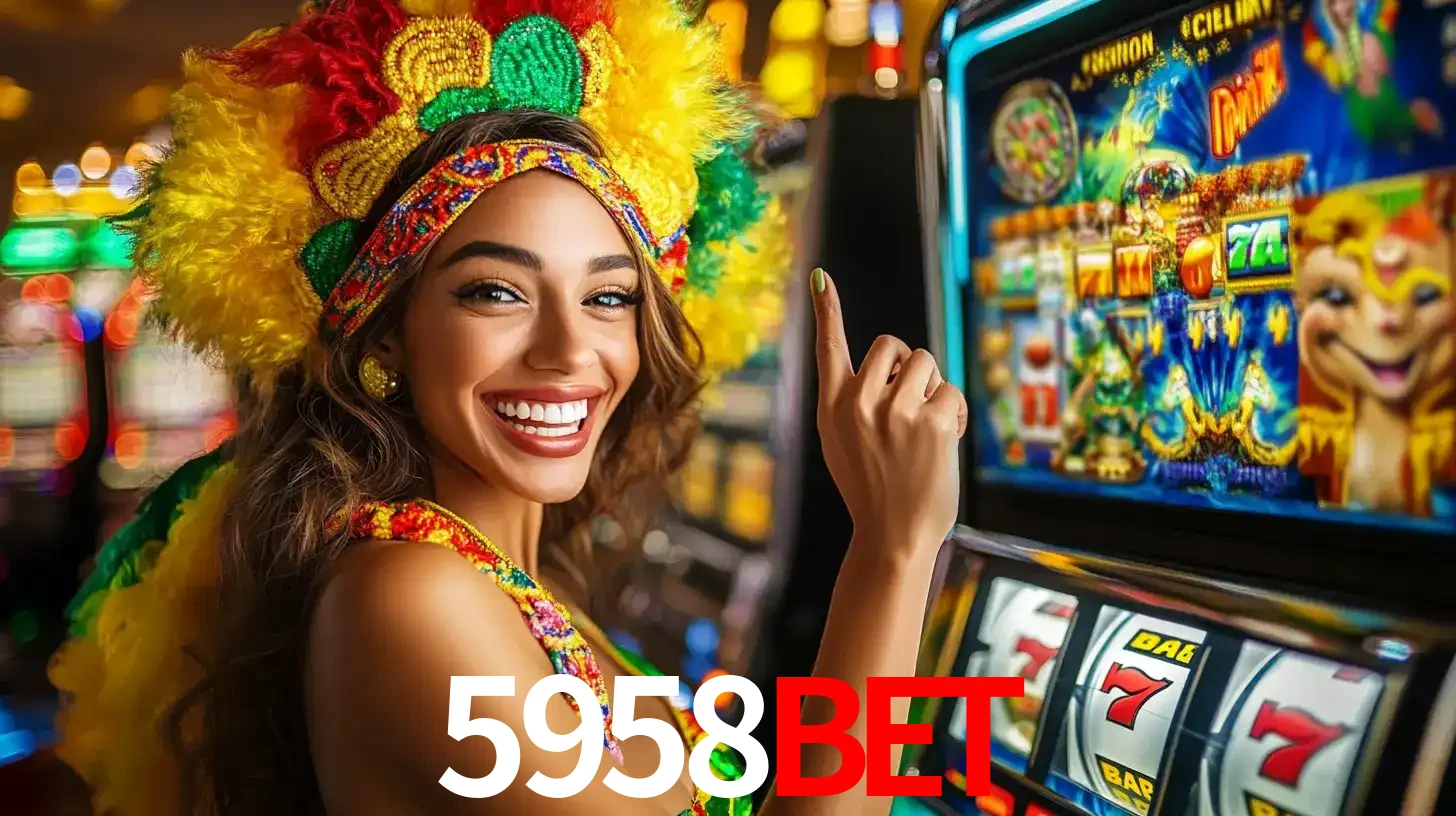 Mulher animada com um cocar de carnaval apontando para uma máquina de caça-níqueis, mostrando a emoção de ganhar um grande prêmio nos jogos do 5958bet.