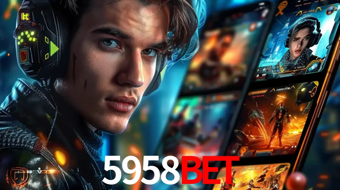 Jovem jogador com fones de ouvido olhando para a câmera, com um aplicativo de jogos e e-sports para celular ao fundo, pronto para a competição e apostas no 5958bet.