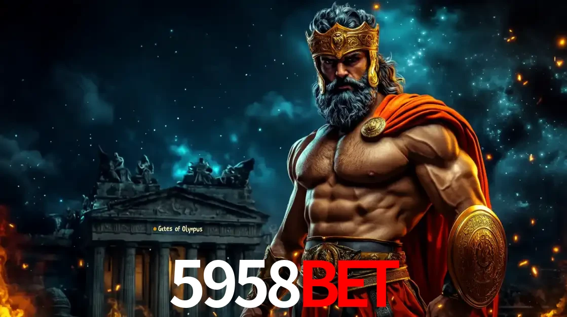 O poderoso Zeus do jogo de slot Gates of Olympus em frente ao seu templo, pronto para lançar multiplicadores divinos e prêmios épicos no cassino online 5958bet.