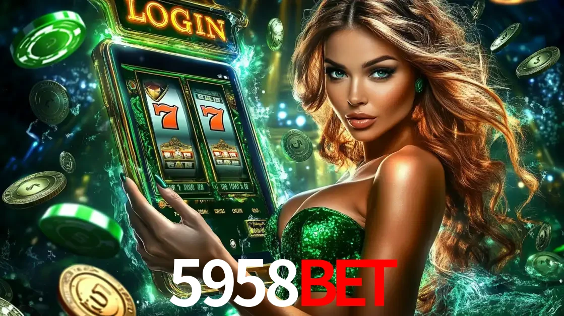 Mulher com tema verde apresentando o aplicativo do cassino 5958bet com um jogo de slot de 777, cercada por fichas de cassino e uma aura de sorte.
