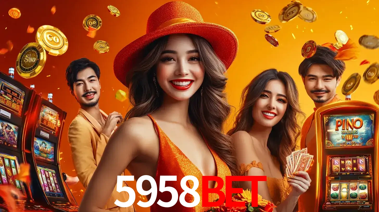 Grupo de amigos asiáticos sorrindo e se divertindo com máquinas de caça-níqueis em um ambiente festivo, celebrando suas vitórias nos jogos de cassino do 5958bet.