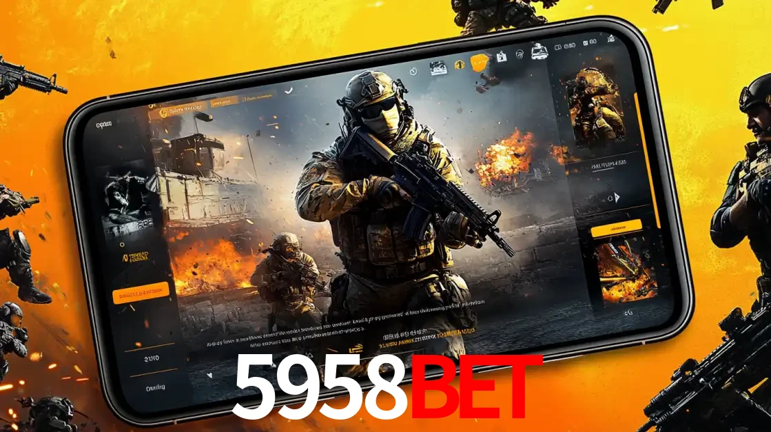Um smartphone exibindo a interface de um jogo de tiro em primeira pessoa, com um soldado em um cenário de batalha, representando a ação dos e-sports para apostar no 5958bet.