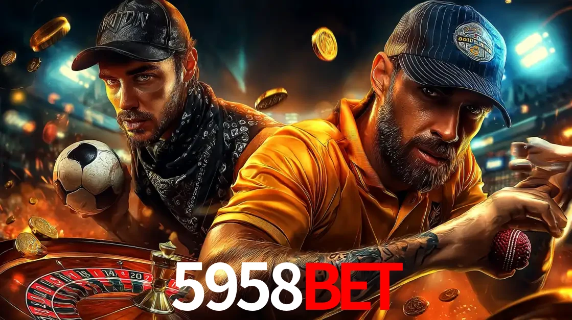 Montagem de apostas esportivas e cassino no 5958bet, com um homem segurando uma bola de futebol e outro uma de beisebol sobre uma roleta e moedas voadoras.