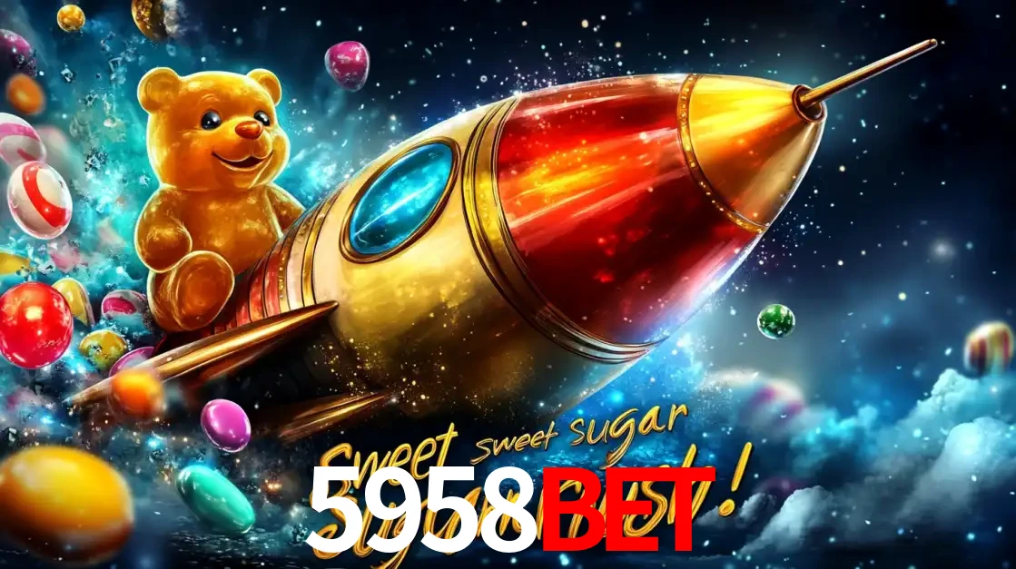 Arte promocional do jogo de slot Sugar Rush, com um urso de pelúcia em um foguete viajando pelo espaço de doces, um dos jogos divertidos disponíveis no cassino 5958bet.