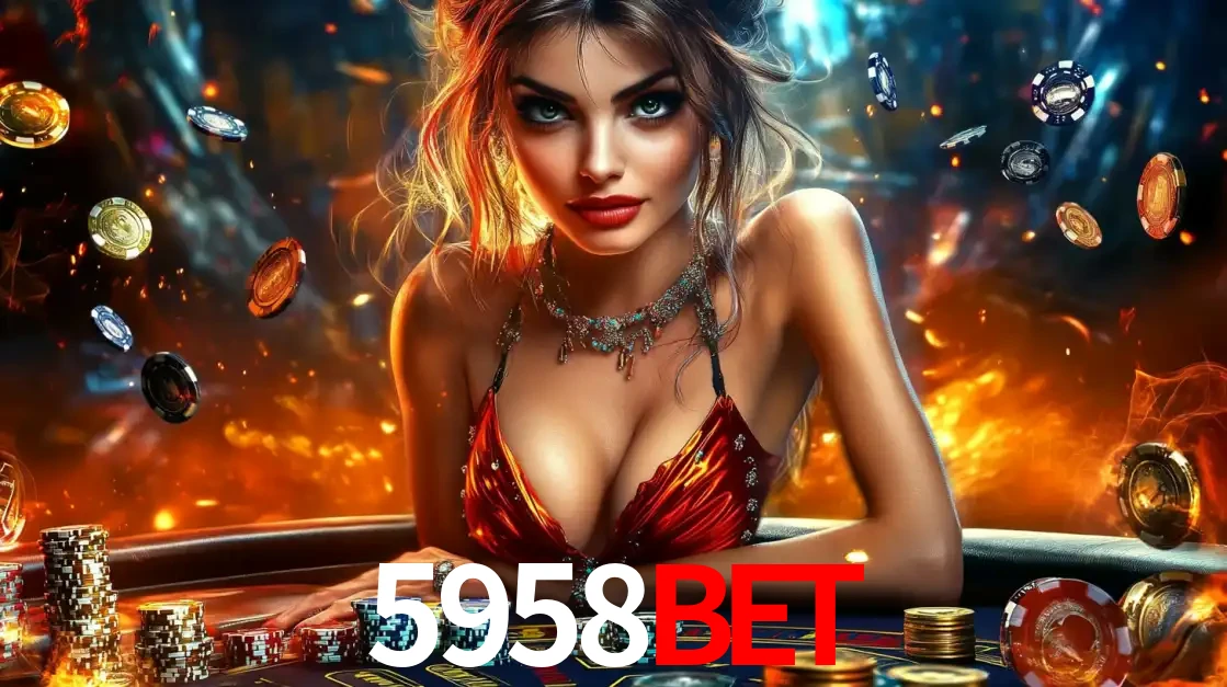 Mulher em uma mesa de cassino com pilhas de fichas e um fundo de fogo, pronta para uma rodada de altas apostas nos jogos de mesa emocionantes do cassino 5958bet.