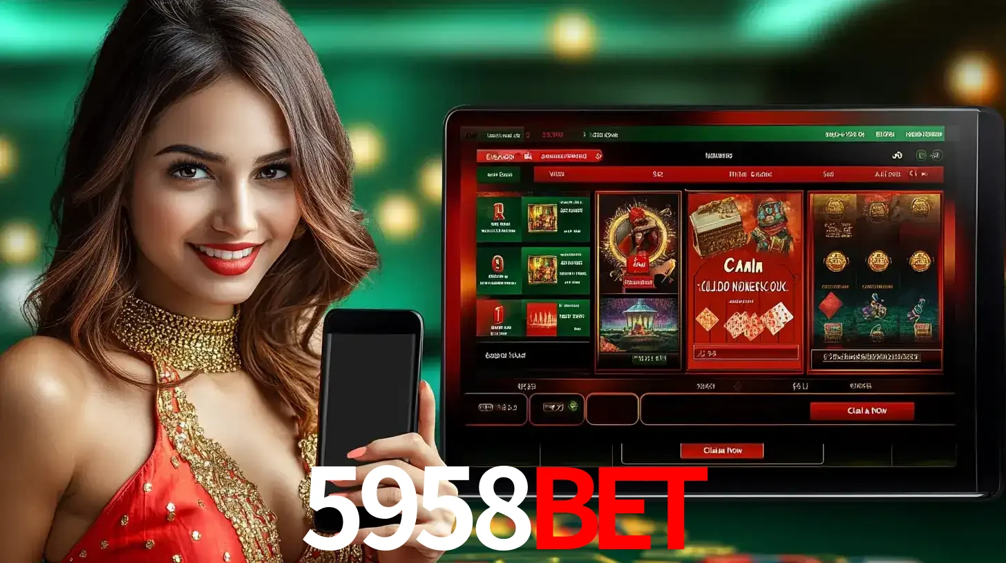 Mulher sorridente segurando um smartphone, ao lado de uma tela exibindo o lobby de jogos do cassino online 5958bet, com várias opções de jogos de cartas e slots.